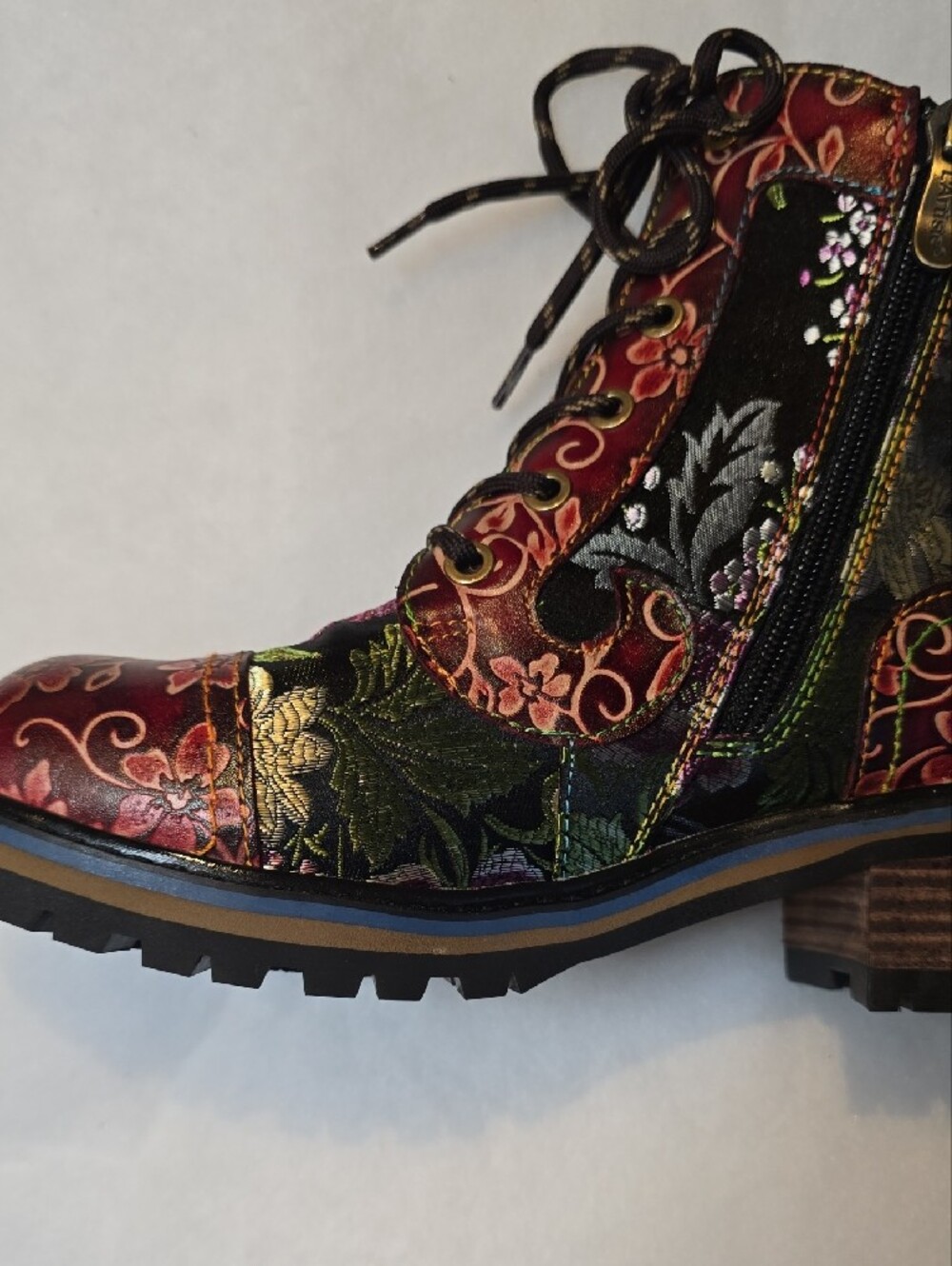 Embroidered Floral Lace-Up Ankle Boots - Burgundy Multi - Picture 4 of 10